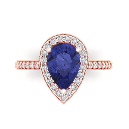 2.36 cttw Simulated Tanzanite Hidden Halo Engagement Ring - Solid Rose Gold (VVS1, Pear Cut,10x7mm)