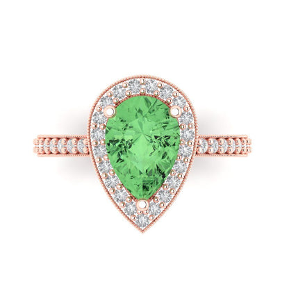2.36 cttw Zirconia Simulated Green Diamond Hidden Halo Engagement Ring - Solid Gold (VVS1, Pear Cut,10x7mm)