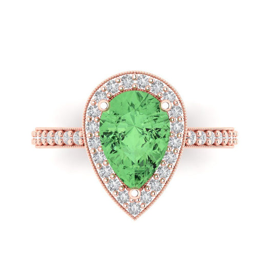 2.36 cttw Zirconia Simulated Green Diamond Hidden Halo Engagement Ring - Solid Rose Gold (VVS1, Pear Cut,10x7mm)