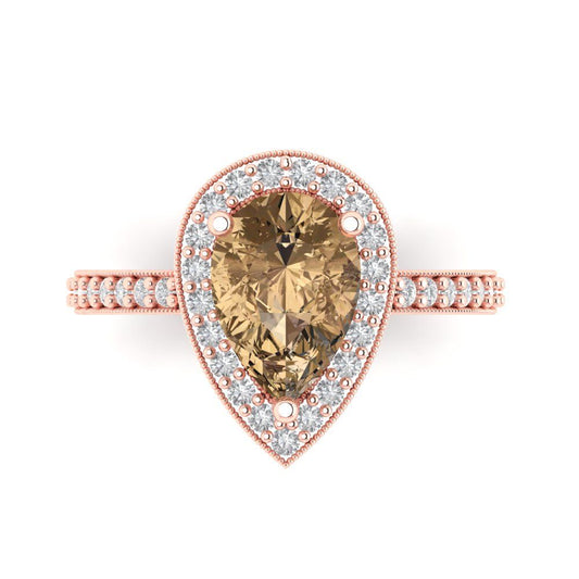 2.36 cttw Zirconia Simulated Champagne Diamond Hidden Halo Engagement Ring - Solid Rose Gold (VVS1, Pear Cut,10x7mm)