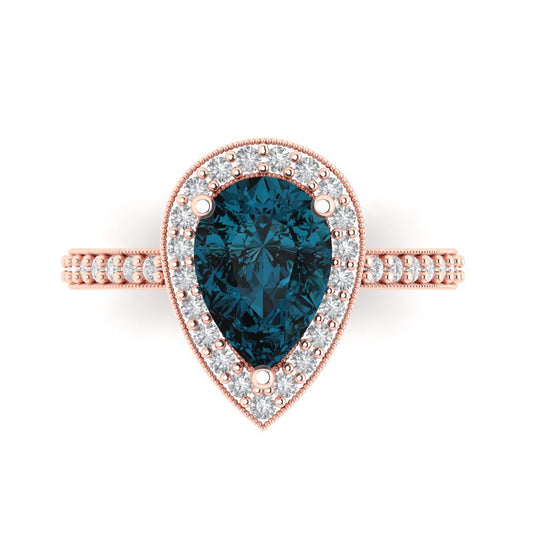 2.36 cttw Natural London Blue Topaz Hidden Halo Engagement Ring - Solid Rose Gold (VVS1, Pear Cut,10x7mm)