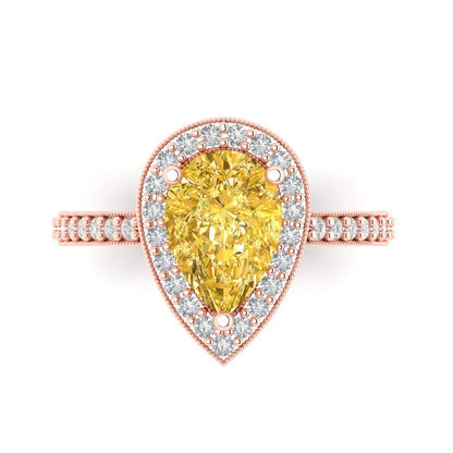 2.36 cttw Zirconia Simulated Yellow Diamond Hidden Halo Engagement Ring - Solid Gold (VVS1, Pear Cut,10x7mm)