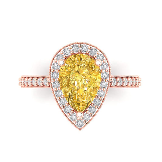 2.36 cttw Zirconia Simulated Yellow Diamond Hidden Halo Engagement Ring - Solid Rose Gold (VVS1, Pear Cut,10x7mm)