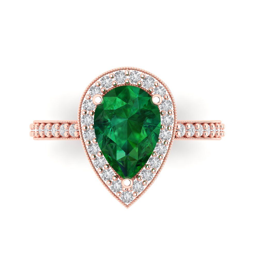 2.36 cttw Simulated Emerald Hidden Halo Engagement Ring - Solid Gold (Pear Cut,10x7mm)