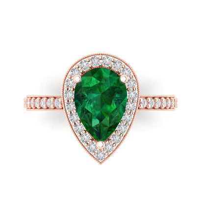 2.36 cttw Simulated Emerald Hidden Halo Engagement Ring - Solid Gold (Pear Cut,10x7mm)