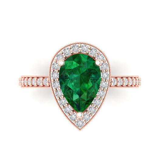 2.36 cttw Simulated Emerald Hidden Halo Engagement Ring - Solid Rose Gold (VVS1, Pear Cut,10x7mm)