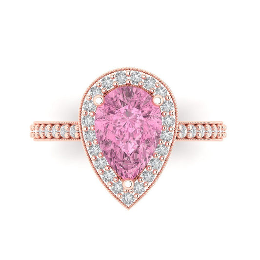 2.36 cttw Zirconia Simulated Pink Diamond Hidden Halo Engagement Ring - Solid Rose Gold (VVS1, Pear Cut,10x7mm)