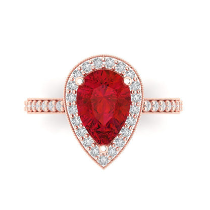 2.36 cttw Simulated Ruby Hidden Halo Engagement Ring - Solid Rose Gold (VVS1, Pear Cut,10x7mm)