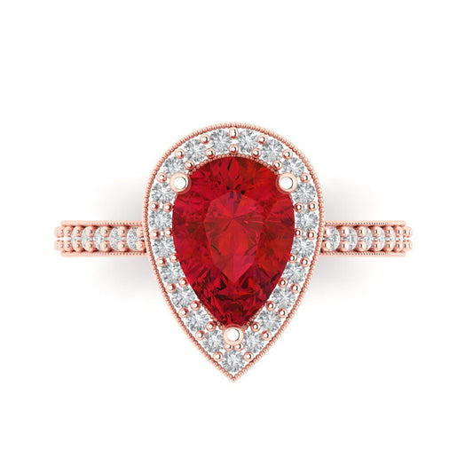 2.36 cttw Simulated Ruby Hidden Halo Engagement Ring - Solid Rose Gold (VVS1, Pear Cut,10x7mm)