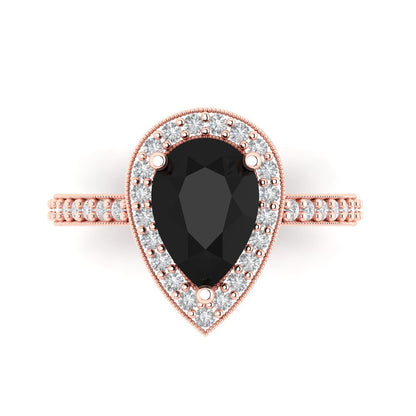 2.36 cttw Natural Onyx Hidden Halo Engagement Ring - Solid Gold (Pear Cut,10x7mm)