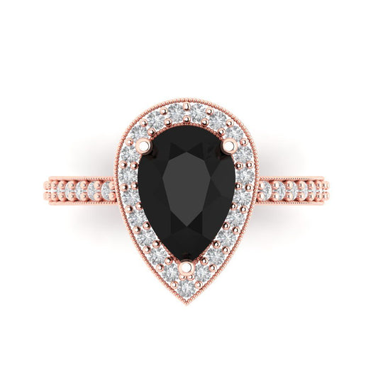 2.36 cttw Natural Onyx Hidden Halo Engagement Ring - Solid Rose Gold (VVS1, Pear Cut,10x7mm)