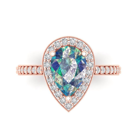 2.36 cttw Blue Moissanite Hidden Halo Engagement Ring - Solid Rose Gold (VVS1, Pear Cut,10x7mm)