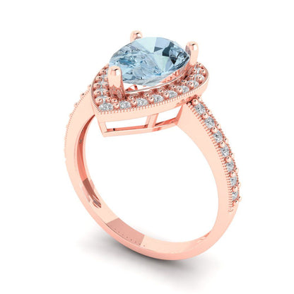 2.36 cttw Zirconia Simulated Blue Diamond Hidden Halo Engagement Ring - Solid Gold (VVS1, Pear Cut,10x7mm)