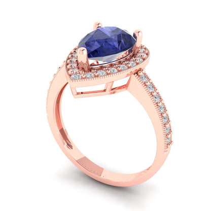 2.36 cttw Simulated Tanzanite Hidden Halo Engagement Ring - Solid Gold (Pear Cut,10x7mm)