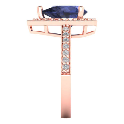 2.36 cttw Simulated Blue Sapphire Hidden Halo Engagement Ring - Solid Gold (Pear Cut,10x7mm)