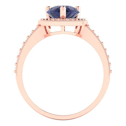 2.36 cttw Simulated Blue Sapphire Hidden Halo Engagement Ring - Solid Gold (Pear Cut,10x7mm)