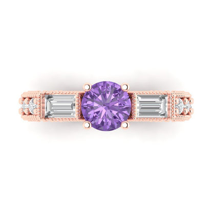 2.33 cttw Simulated Alexandrite Three-Stone Engagement Ring - Solid Rose Gold (VVS1, Round Cut,6.5mm)