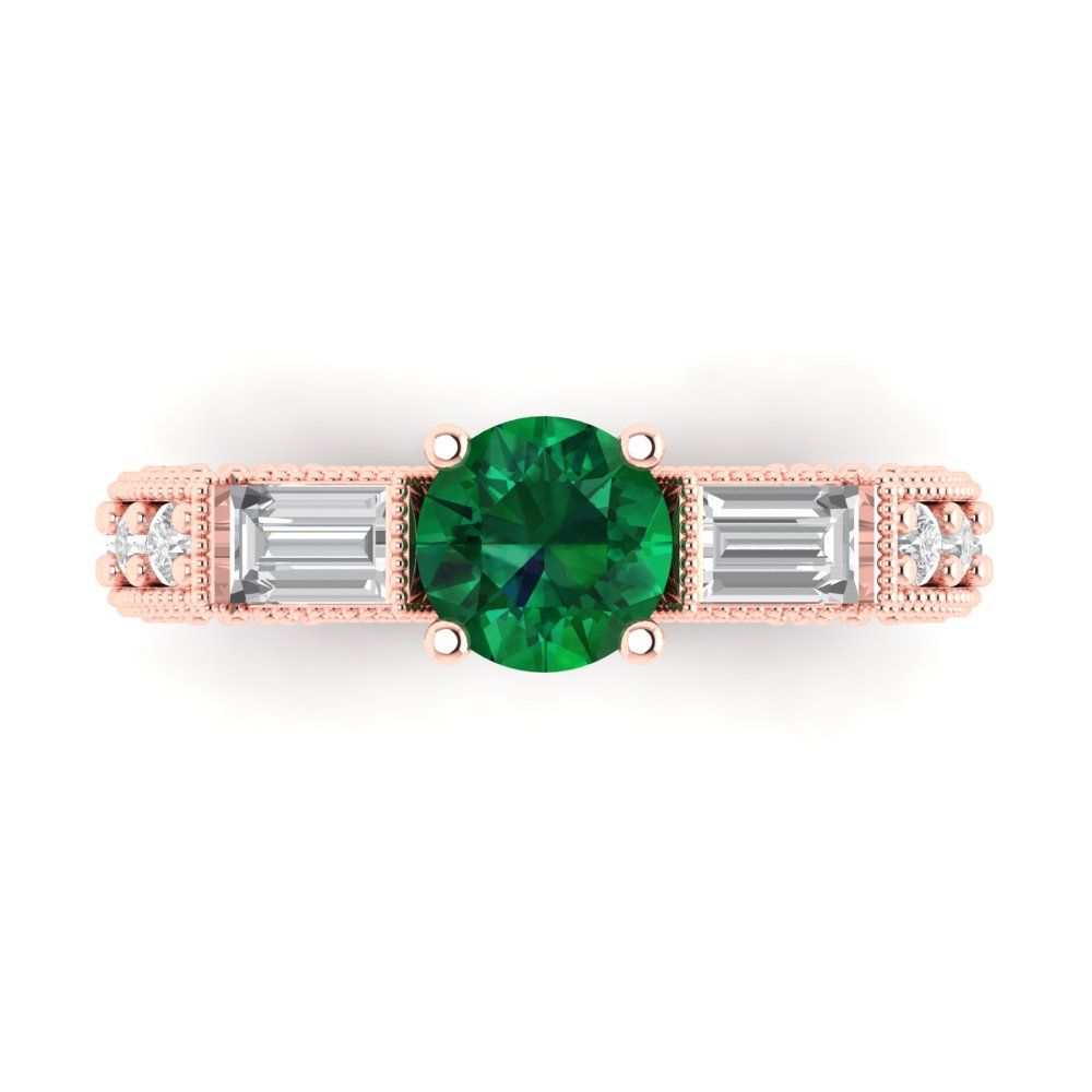 2.33 cttw Simulated Emerald Three-Stone Engagement Ring - Solid Rose Gold (VVS1, Round Cut,6.5mm)