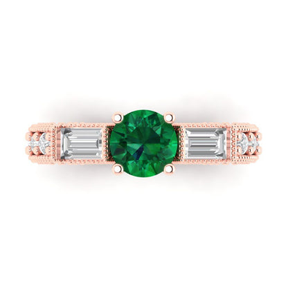 2.33 cttw Simulated Emerald Three-Stone Engagement Ring - Solid Rose Gold (VVS1, Round Cut,6.5mm)