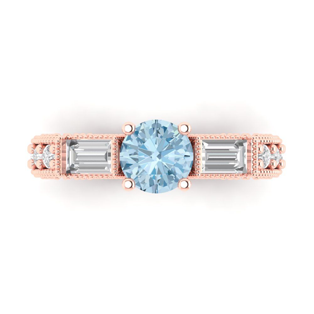 2.33 cttw Natural Aquamarine Three-Stone Engagement Ring - Solid Rose Gold (VVS1, Round Cut,6.5mm)