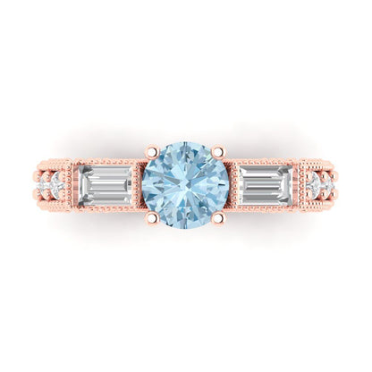 2.33 cttw Natural Aquamarine Three-Stone Engagement Ring - Solid Rose Gold (VVS1, Round Cut,6.5mm)