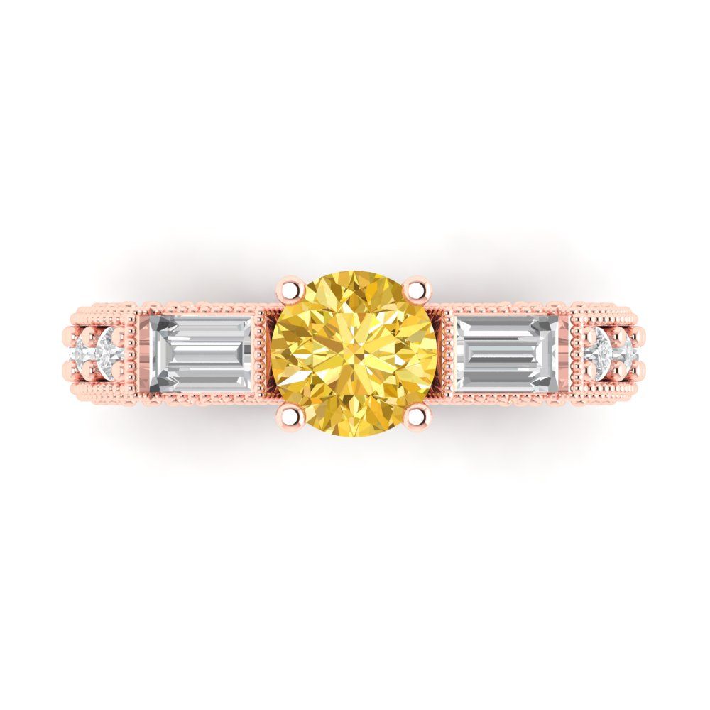 2.33 cttw Zirconia Simulated Yellow Diamond Three-Stone Engagement Ring - Solid Rose Gold (VVS1, Round Cut,6.5mm)