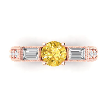 2.33 cttw Zirconia Simulated Yellow Diamond Three-Stone Engagement Ring - Solid Rose Gold (VVS1, Round Cut,6.5mm)