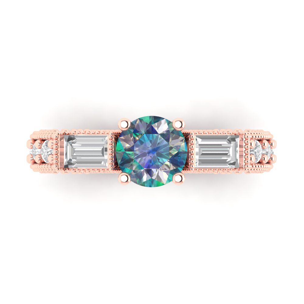 2.33 cttw Blue Moissanite Three-Stone Engagement Ring - Solid Rose Gold (VVS1, Round Cut,6.5mm)