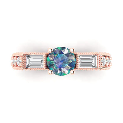 2.33 cttw Blue Moissanite Three-Stone Engagement Ring - Solid Rose Gold (VVS1, Round Cut,6.5mm)
