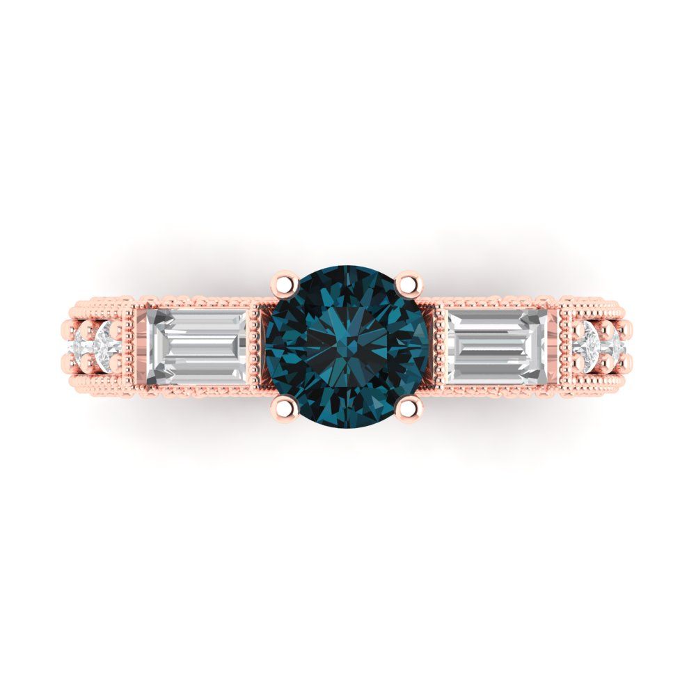 2.33 cttw Natural London Blue Topaz Three-Stone Engagement Ring - Solid Rose Gold (VVS1, Round Cut,6.5mm)