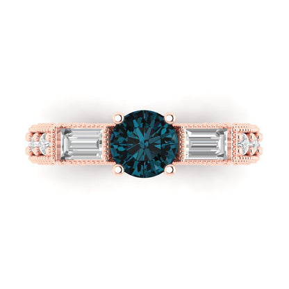 2.33 cttw Natural London Blue Topaz Three-Stone Engagement Ring - Solid Rose Gold (VVS1, Round Cut,6.5mm)