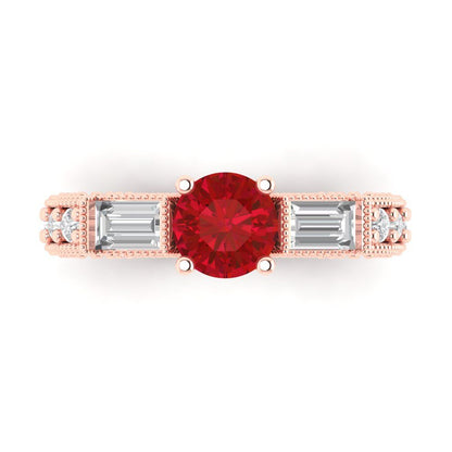 2.33 cttw Simulated Ruby Three-Stone Engagement Ring - Solid Rose Gold (VVS1, Round Cut,6.5mm)