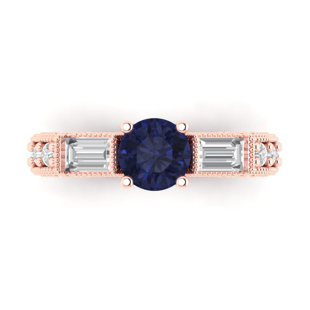 2.33 cttw Simulated Blue Sapphire Three-Stone Engagement Ring - Solid Rose Gold (VVS1, Round Cut,6.5mm)