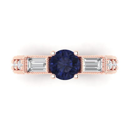 2.33 cttw Simulated Blue Sapphire Three-Stone Engagement Ring - Solid Rose Gold (VVS1, Round Cut,6.5mm)