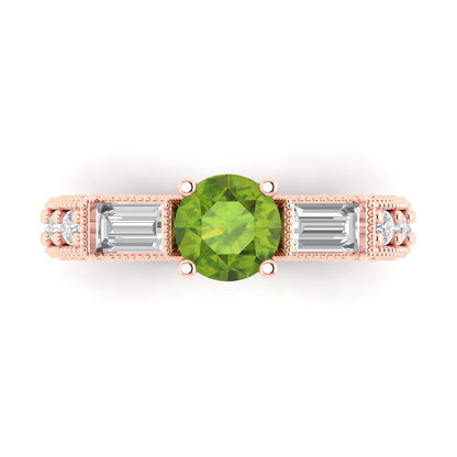2.33 cttw Natural Peridot Three-Stone Engagement Ring - Solid Rose Gold (VVS1, Round Cut,6.5mm)