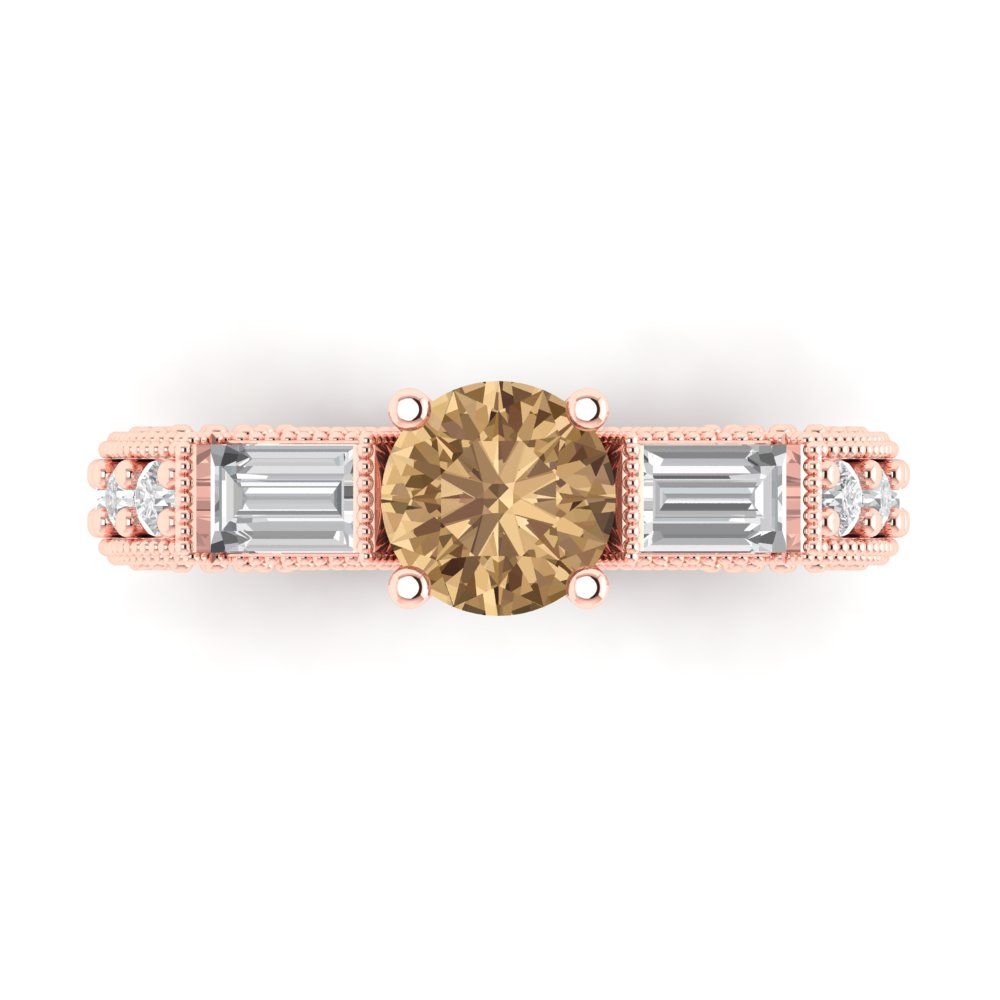 2.33 cttw Zirconia Simulated Champagne Diamond Three-Stone Engagement Ring - Solid Rose Gold (VVS1, Round Cut,6.5mm)