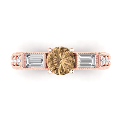 2.33 cttw Zirconia Simulated Champagne Diamond Three-Stone Engagement Ring - Solid Rose Gold (VVS1, Round Cut,6.5mm)