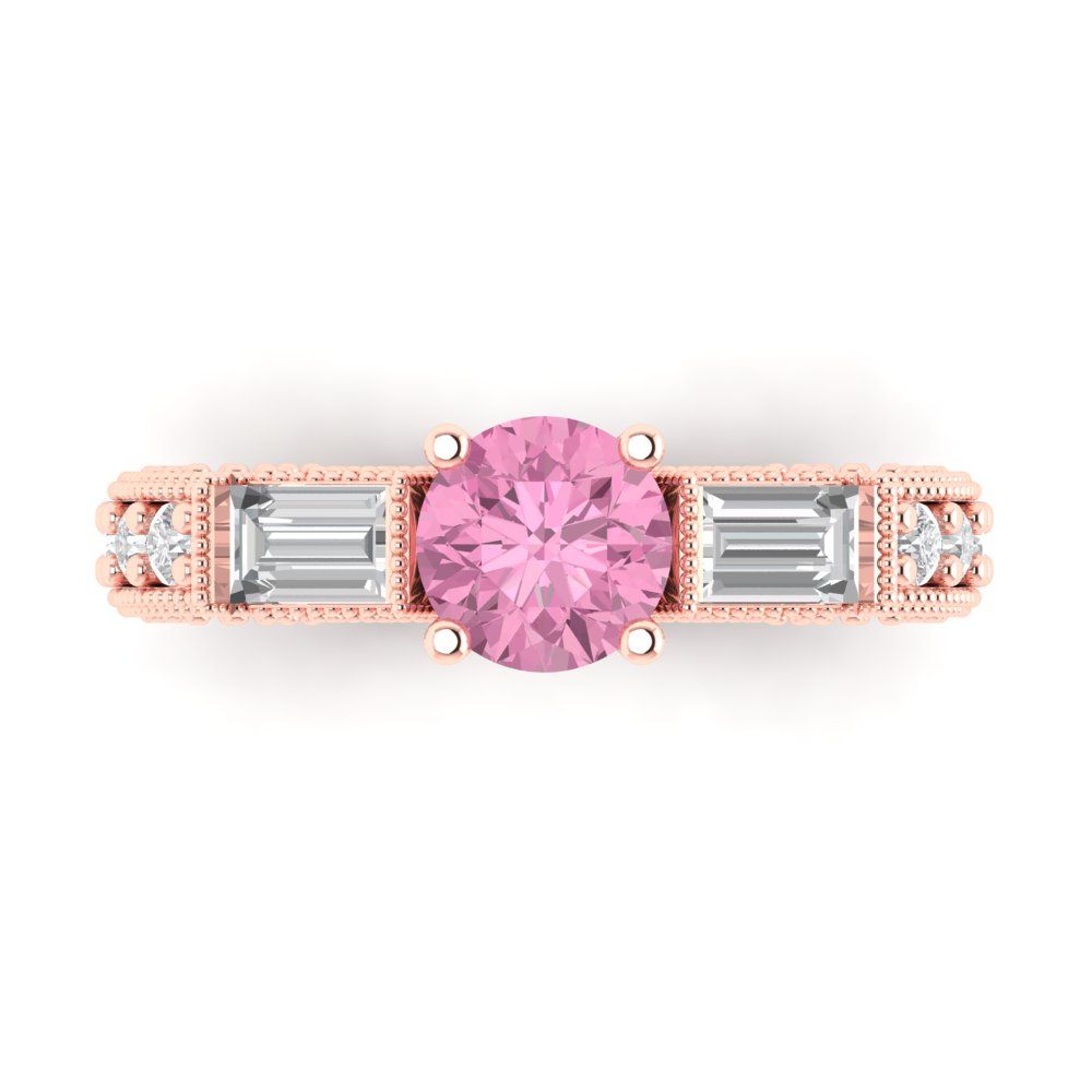 2.33 cttw Zirconia Simulated Pink Diamond Three-Stone Engagement Ring - Solid Rose Gold (VVS1, Round Cut,6.5mm)