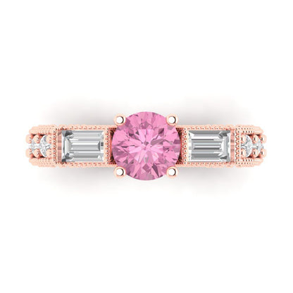 2.33 cttw Zirconia Simulated Pink Diamond Three-Stone Engagement Ring - Solid Rose Gold (VVS1, Round Cut,6.5mm)