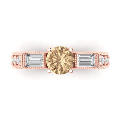 2.33 cttw Yellow Moissanite Three-Stone Engagement Ring - Solid Rose Gold (VVS1, Round Cut,6.5mm)