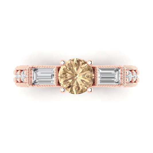2.33 cttw Yellow Moissanite Three-Stone Engagement Ring - Solid Rose Gold (VVS1, Round Cut,6.5mm)