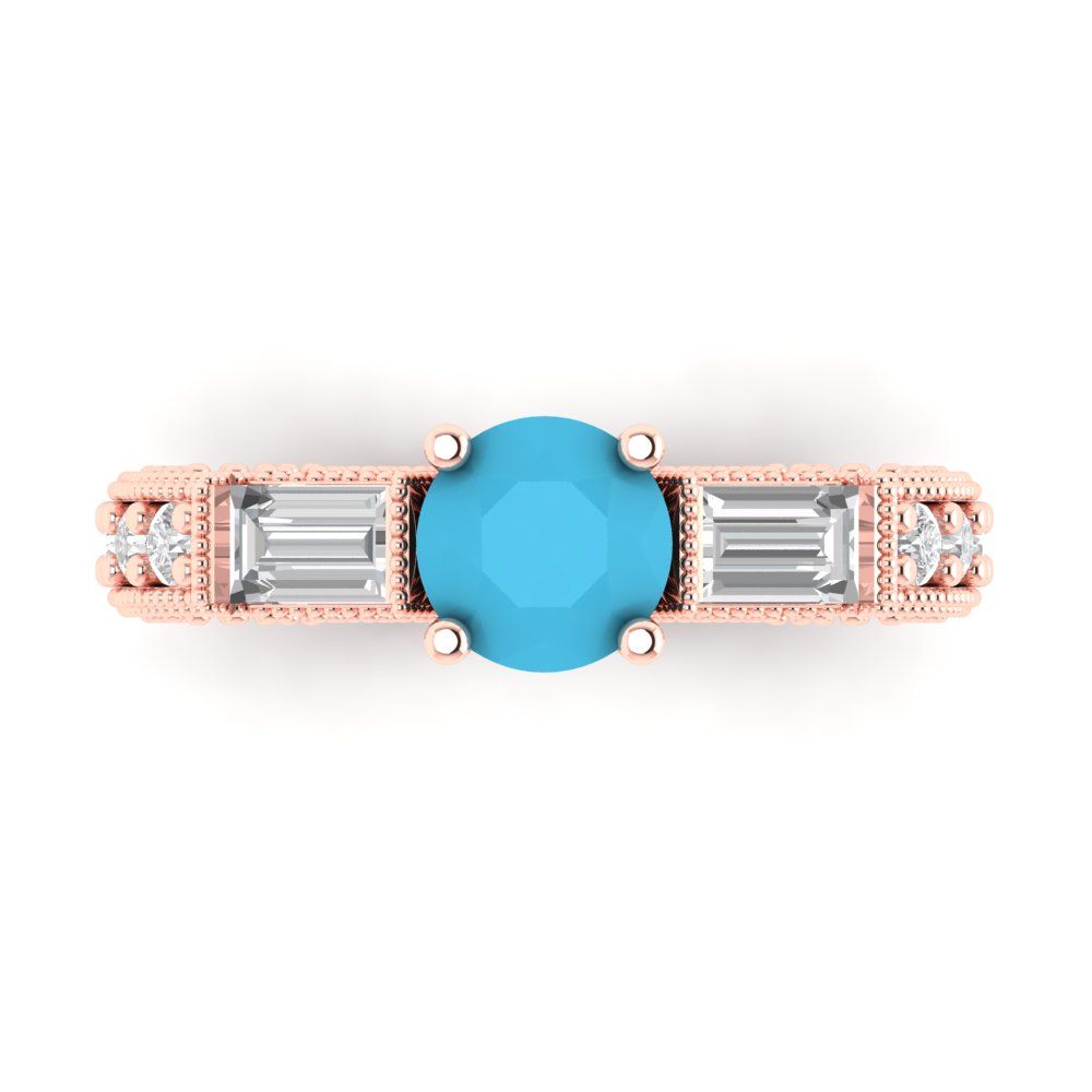 2.33 cttw Simulated Turquoise Three-Stone Engagement Ring - Solid Rose Gold (VVS1, Round Cut,6.5mm)