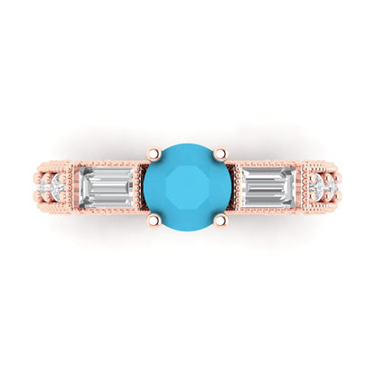 2.33 cttw Simulated Turquoise Three-Stone Engagement Ring - Solid Rose Gold (VVS1, Round Cut,6.5mm)
