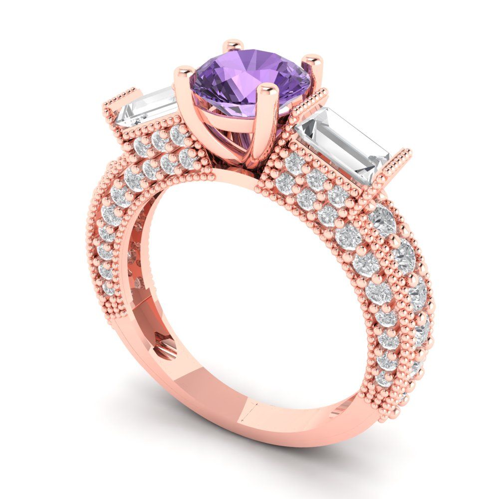 2.33 cttw Simulated Alexandrite Three-Stone Engagement Ring - Solid Rose Gold (VVS1, Round Cut,6.5mm)