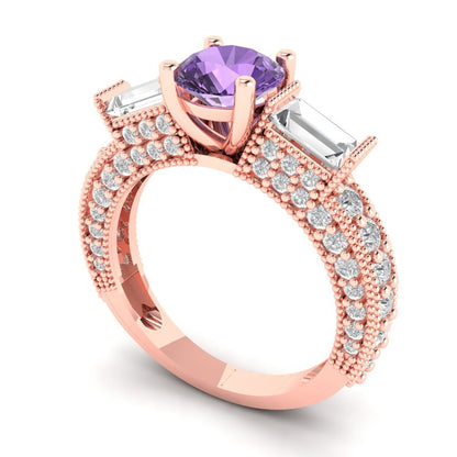 2.33 cttw Simulated Alexandrite Three-Stone Engagement Ring - Solid Rose Gold (VVS1, Round Cut,6.5mm)