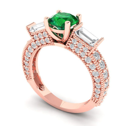 2.33 cttw Simulated Emerald Three-Stone Engagement Ring - Solid Rose Gold (VVS1, Round Cut,6.5mm)