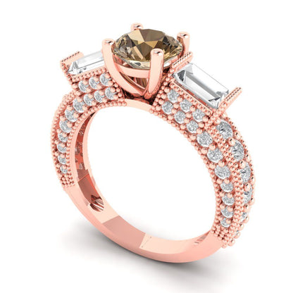 2.33 cttw Zirconia Simulated Champagne Diamond Three-Stone Engagement Ring - Solid Rose Gold (VVS1, Round Cut,6.5mm)