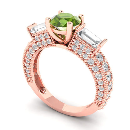 2.33 cttw Natural Peridot Three-Stone Engagement Ring - Solid Rose Gold (VVS1, Round Cut,6.5mm)