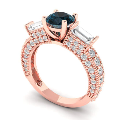 2.33 cttw Natural London Blue Topaz Three-Stone Engagement Ring - Solid Rose Gold (VVS1, Round Cut,6.5mm)