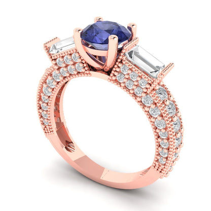 2.33 cttw Simulated Tanzanite Three-Stone Engagement Ring - Solid Gold (Round Cut,6.5mm)